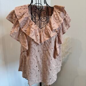 Grade & Gather Blush Pink Eyelet Lace Ruffle Flutter Sleeve Cotton Blouse Small